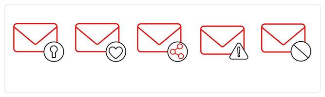 A set of 5 mail icons as secured mail, favorite mail, share mail in red line color vector