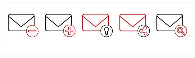 A set of 5 mail icons as remove message, add message, secured mail in red line color vector