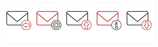 A set of 5 mail icons as received mail, mail setting, send mail in red line color vector