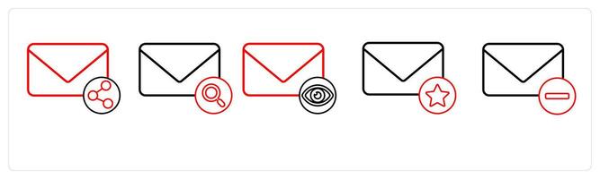 A set of 5 mail icons as share mail, search message, view mail in red line color vector