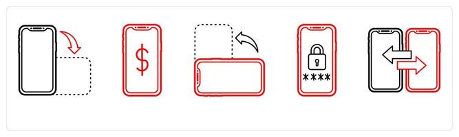 A set of 5 mobile icons as portrait, e currency, landscape in red line color vector