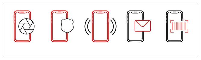 A set of 5 mobile icons as capture, mobile security, mobile network in red line color vector