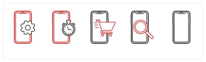 A set of 5 mobile icons as mobile setting, mobile watch, m shopping in red line color vector