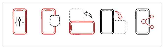 A set of 5 mobile icons as mobile setting, landscape, portrait in red line color vector