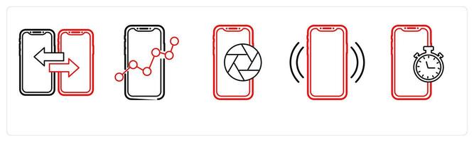 A set of 5 mobile icons as mobile transfer, mobile analysis, capture in red line color vector