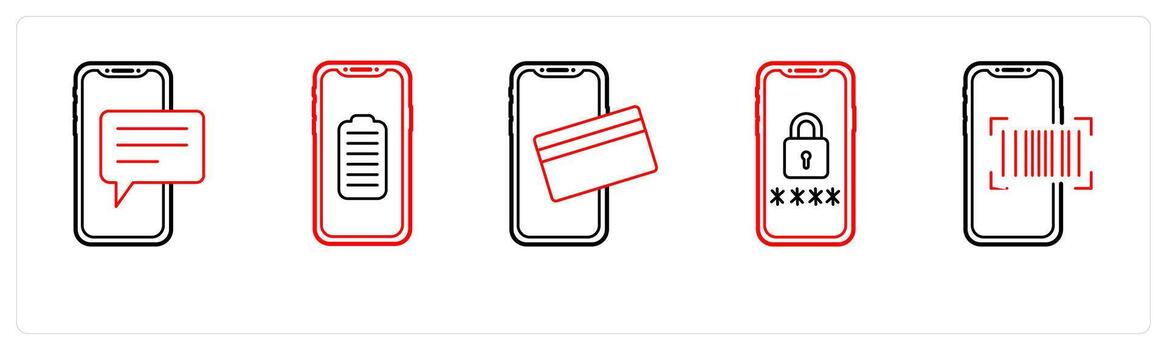 A set of 5 mobile icons as mobile chat, mobile battery, mobile payment in red line color vector
