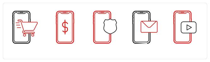 A set of 5 mobile icons as m shopping, e currency, mobile security in red line color vector