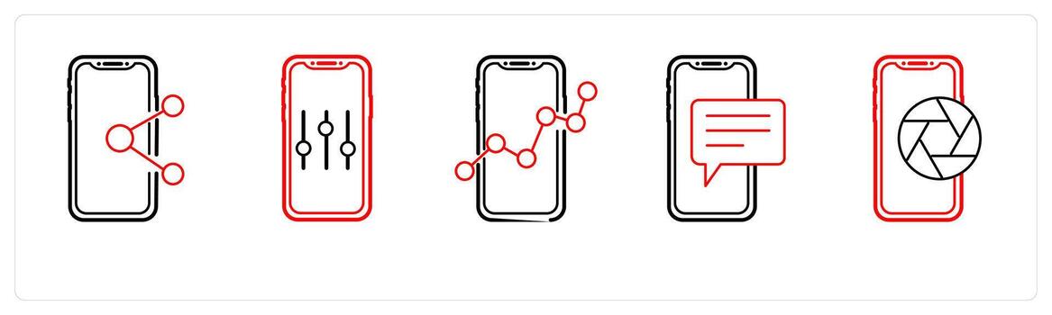 A set of 5 mobile icons as mobile share, mobile setting, mobile analysis in red line color vector