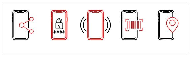 A set of 5 mobile icons as mobile share, mobile security, mobile network in red line color vector