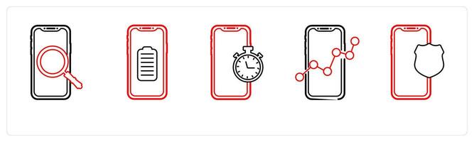 A set of 5 mobile icons as mobile search, mobile battery, mobile watch in red line color vector