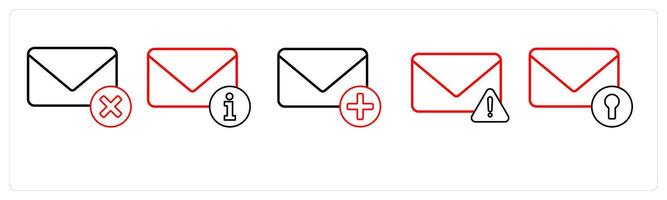 A set of 5 mail icons as delete message, mail information, add message in red line color vector