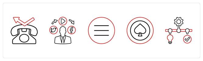 A set of 5 mix icons as contact, social media, menu bar in red line color vector