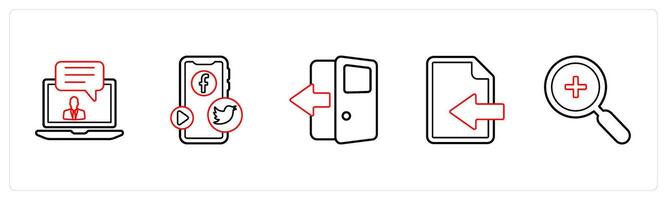 A set of 5 mix icons as message, social media mobile, exit door in red line color vector