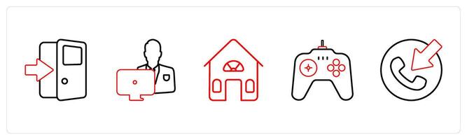 A set of 5 mix icons as enter door, working man, house in red line color vector