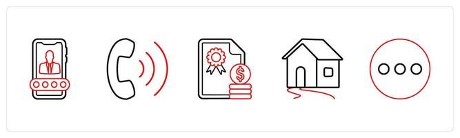 A set of 5 mix icons as user account, dialing, certified money in red line color vector