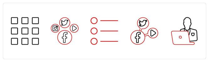 A set of 5 mix icons as square grid, social media, list bullets in red line color vector