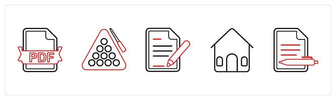 A set of 5 mix icons as pdf file, game, edit details in red line color vector