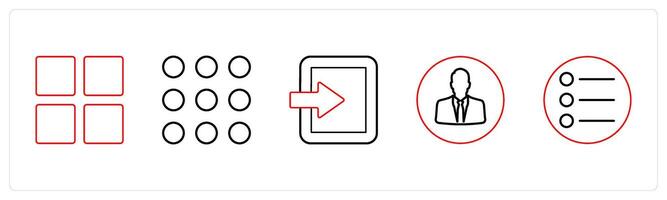 A set of 5 mix icons as grid, dots grid, tablet in red line color vector