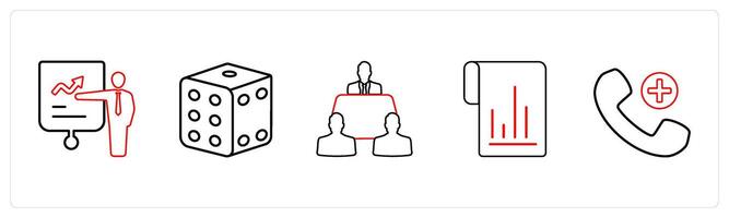A set of 5 mix icons as presentation, dice, meeting room in red line color vector