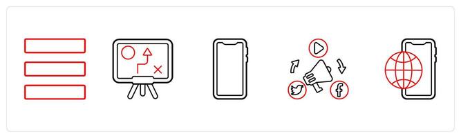 A set of 5 mix icons as menu bar, solution, mobile phone in red line color vector