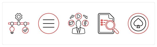 A set of 5 mix icons as solution management, menu bar, social media in red line color vector