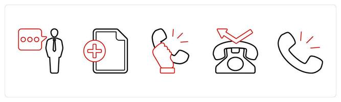 A set of 5 mix icons as message, add file, receiver in red line color vector