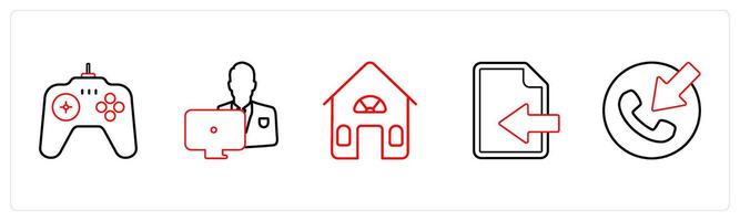 A set of 5 mix icons as game, working man, house in red line color vector