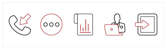 A set of 5 mix icons as receive call, menu, flow chart in red line color vector