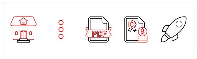 A set of 5 mix icons as residential property, vertical dots, pdf file in red line color vector