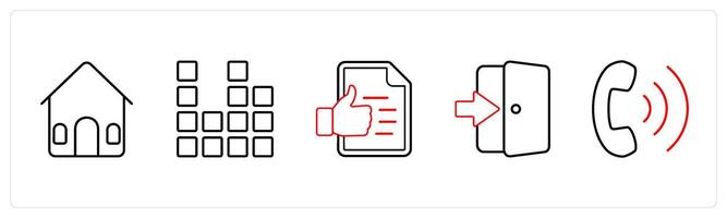 A set of 5 mix icons as house, diagram, agreement in red line color vector