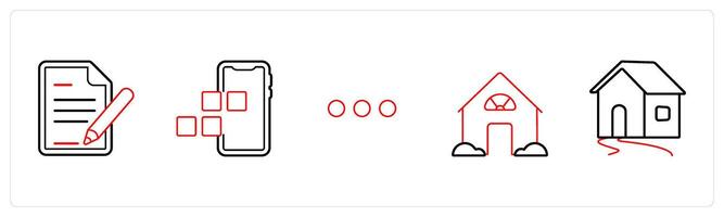 A set of 5 mix icons as edit details, mobile apps, dots in red line color vector