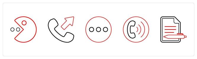 A set of 5 mix icons as packman, call forward, menu in red line color vector