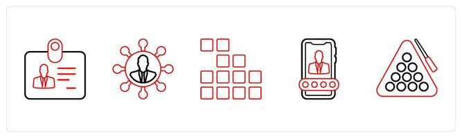 A set of 5 mix icons as identification card, user network, application in red line color vector