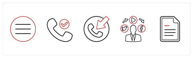 A set of 5 mix icons as mobile menu, right contact, contact in red line color vector
