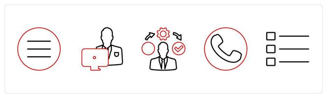 A set of 5 mix icons as menu bar, working man, right management in red line color vector