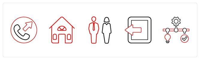 A set of 5 mix icons as call forward, house, man woman in red line color vector