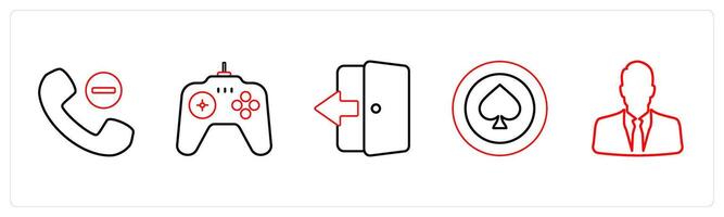 A set of 5 mix icons as remove contact, game, tablet in red line color vector