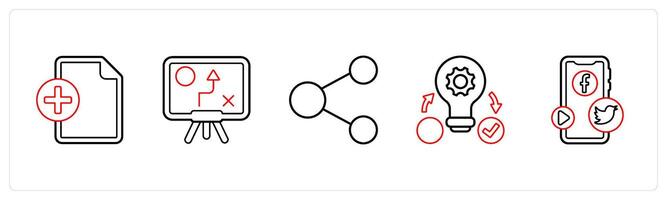 A set of 5 mix icons as add file, solution, share in red line color vector