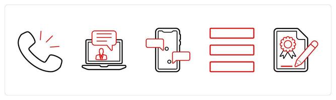 A set of 5 mix icons as calling, message, mobile sms in red line color vector