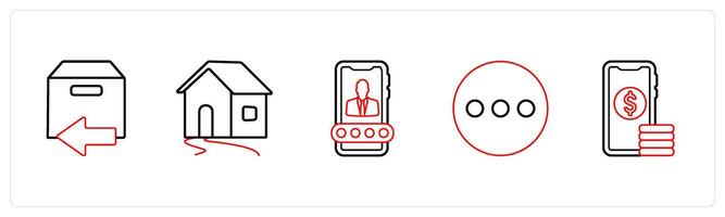 A set of 5 mix icons as returned parcel, home, user account in red line color vector