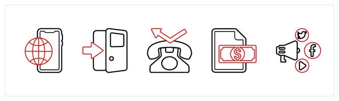 A set of 5 mix icons as digital media, exit door, contact in red line color vector