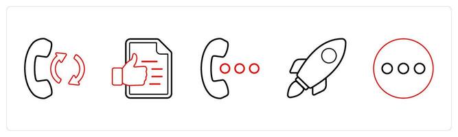 A set of 5 mix icons as call transfer, agreement, speaker in red line color vector