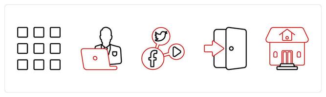 A set of 5 mix icons as square grid, busy man, social media in red line color vector