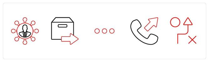 A set of 5 mix icons as user network, forward parcel, dots in red line color vector