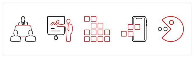 A set of 5 mix icons as meeting room, presentation, application in red line color vector