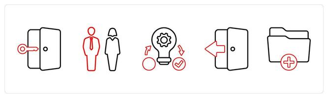 A set of 5 mix icons as tablet key, man woman, creative idea in red line color vector