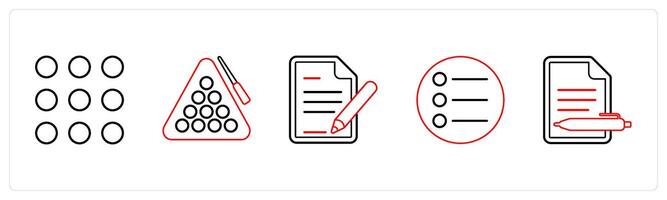 A set of 5 mix icons as dots grid, game, edit details in red line color vector