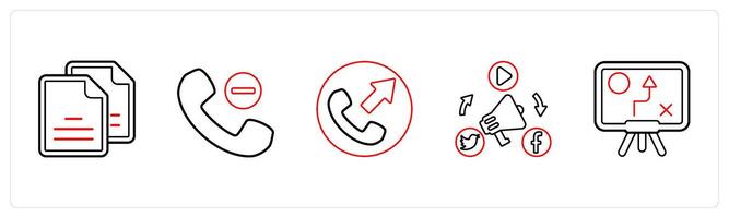 A set of 5 mix icons as duplicate copy, remove contact, call forward in red line color vector