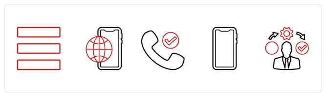 A set of 5 mix icons as menu bar, digital media, right contact in red line color vector