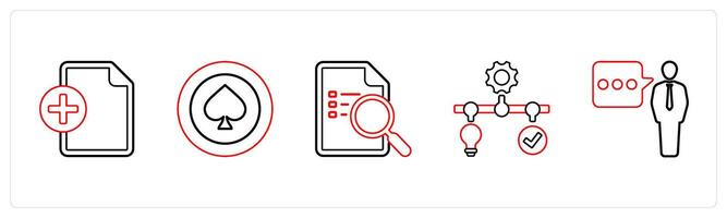 A set of 5 mix icons as add file, cards game, search document in red line color vector